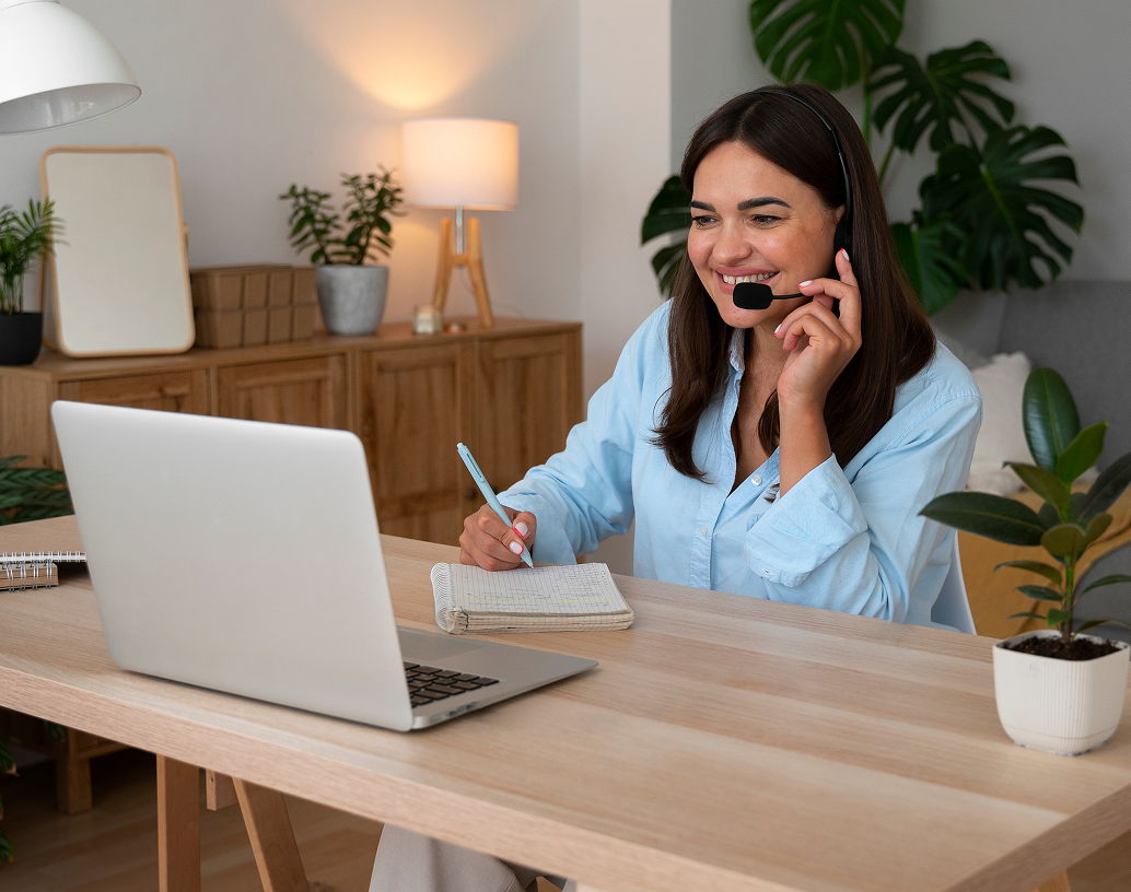 Woman on laptop with poll UI