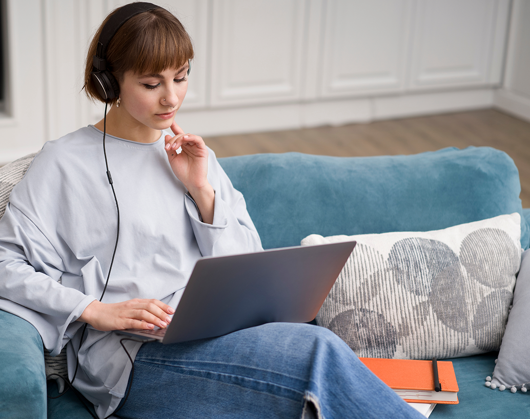 Woman with headphones and analytics UI